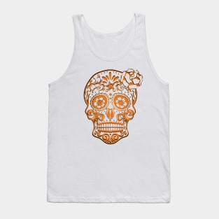 Sugar Skull Halloween Orange & Black Day of the Dead Skull w/ Flowers & Stars Tank Top